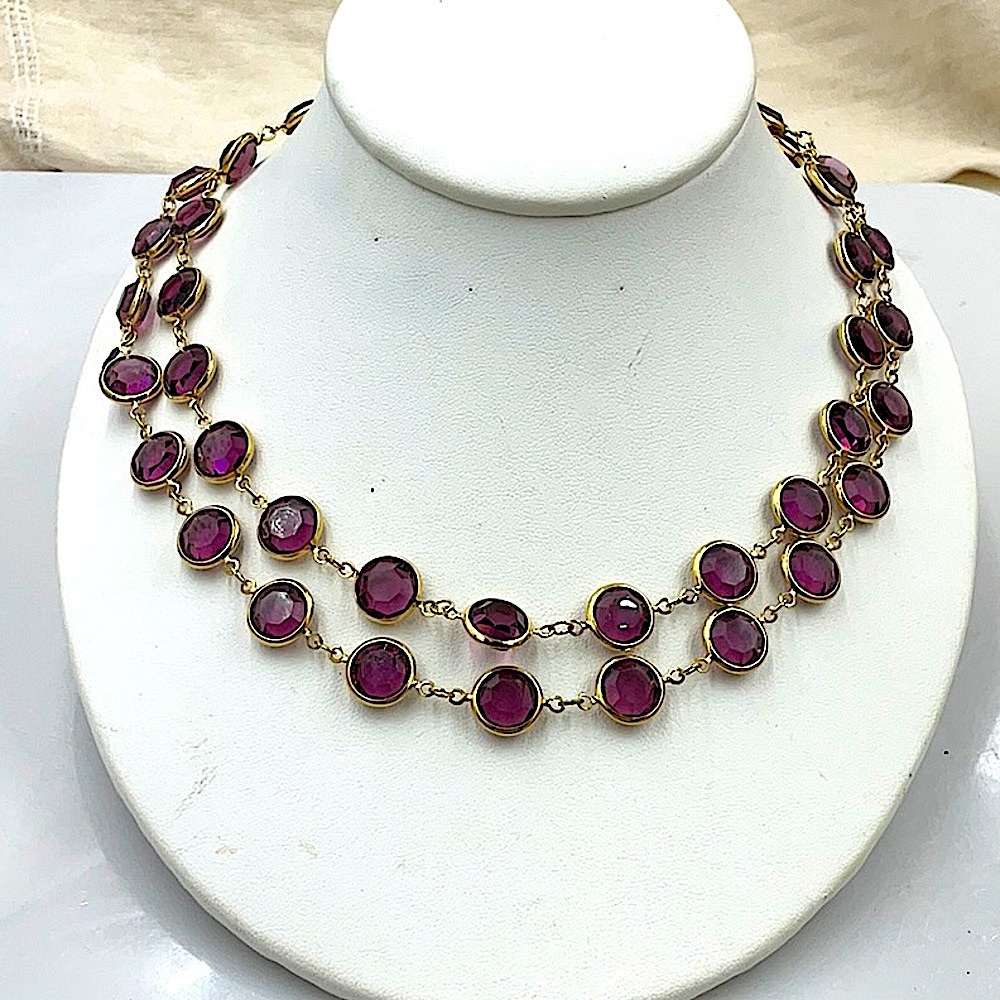 Swarovski Vintage Elegant 36”  Gold Amethyst Gemstone Station Necklace
